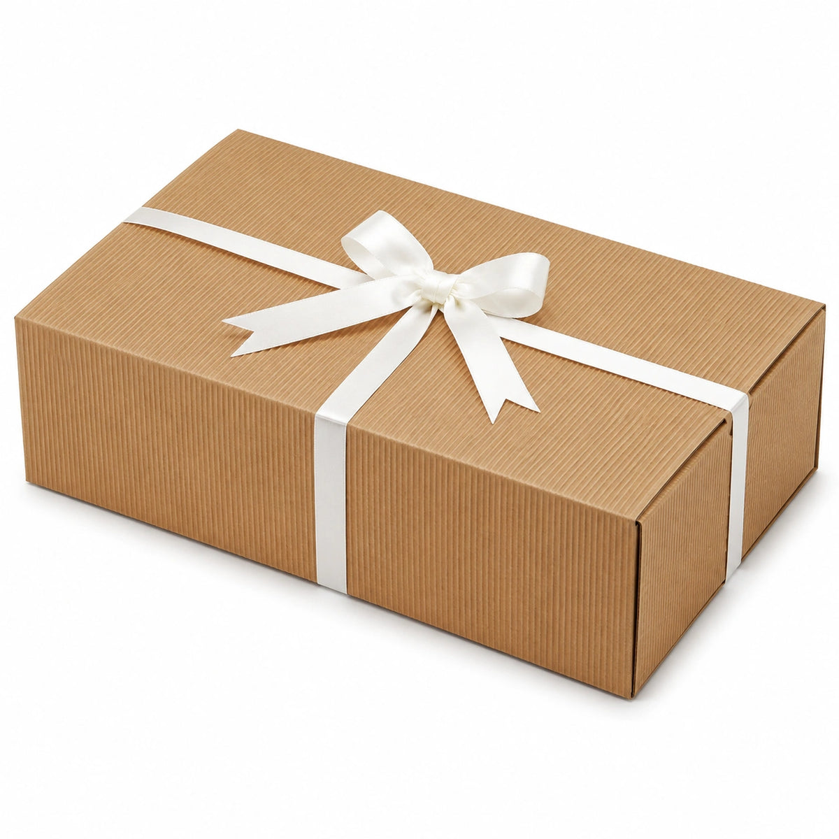 Boîte cadeau 30 x 20 x 10 cm en carton kraft beige avec ruban blanc fermeture à nœud