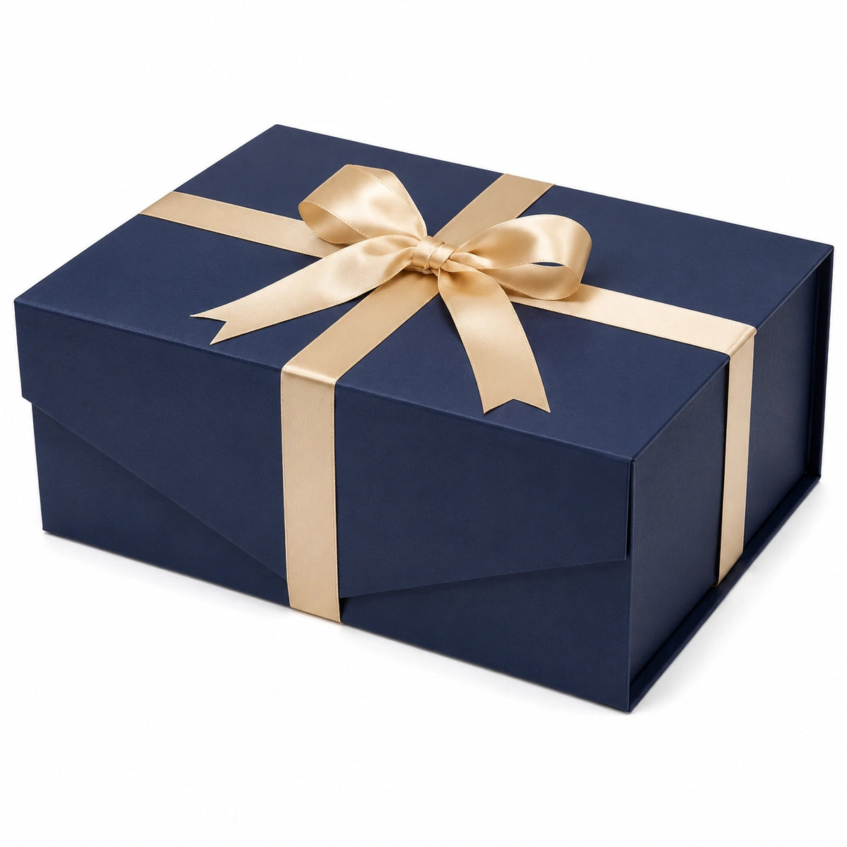 Boîte cadeau 30 x 22 x 12 cm en carton bleu marine avec ruban doré - emballage rectangulaire à couvercle