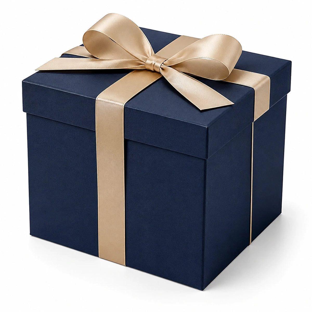 Boîte cadeau 20 x 20 x 20 cm en carton bleu marine avec ruban doré - emballage à nœud