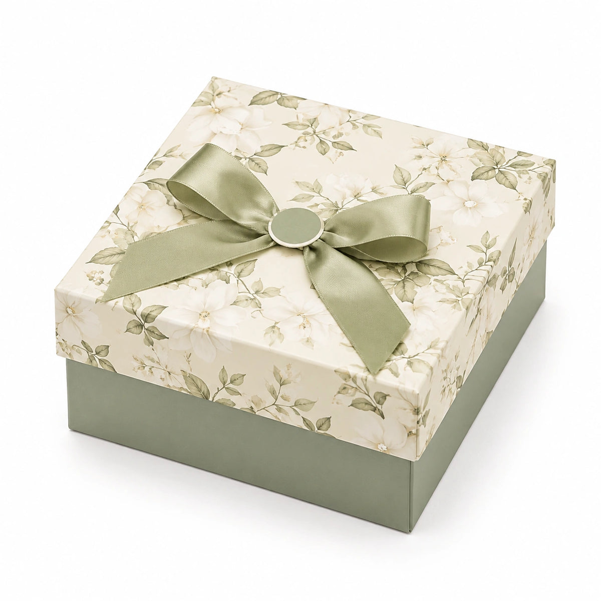 Boîte cadeau 25 x 25 x 10 cm en carton vert ivoire à motif floral avec ruban décoratif