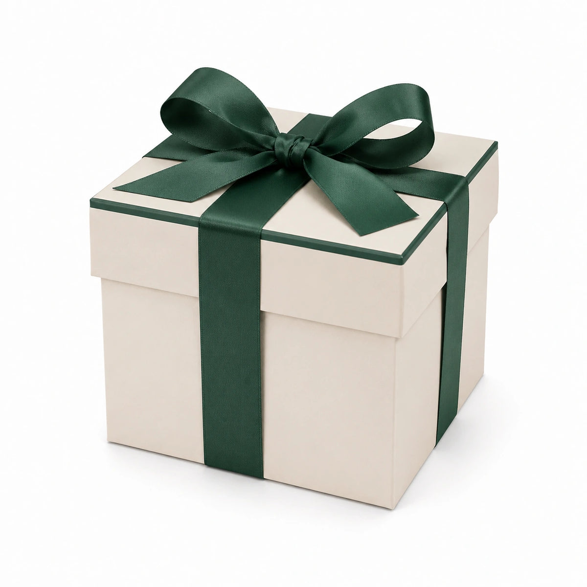 Boîte cadeau 20 x 20 x 20 cm en carton crème avec ruban vert style élégant