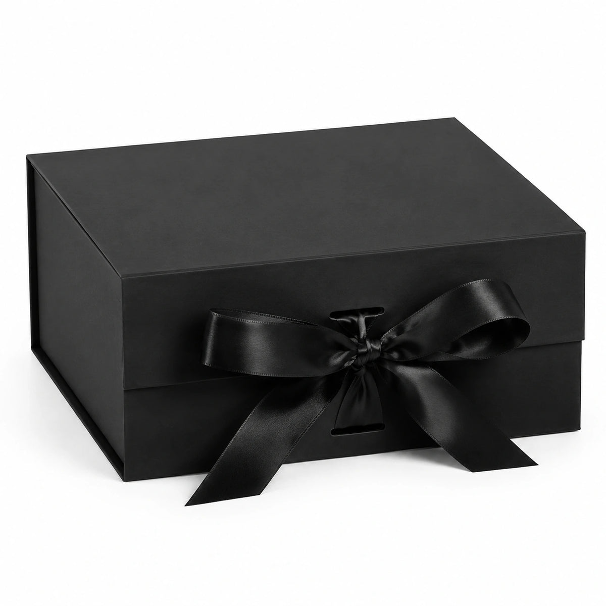 Boîte cadeau carrée 25 x 25 x 12 cm en carton noir avec ruban satiné et fermeture à nœud