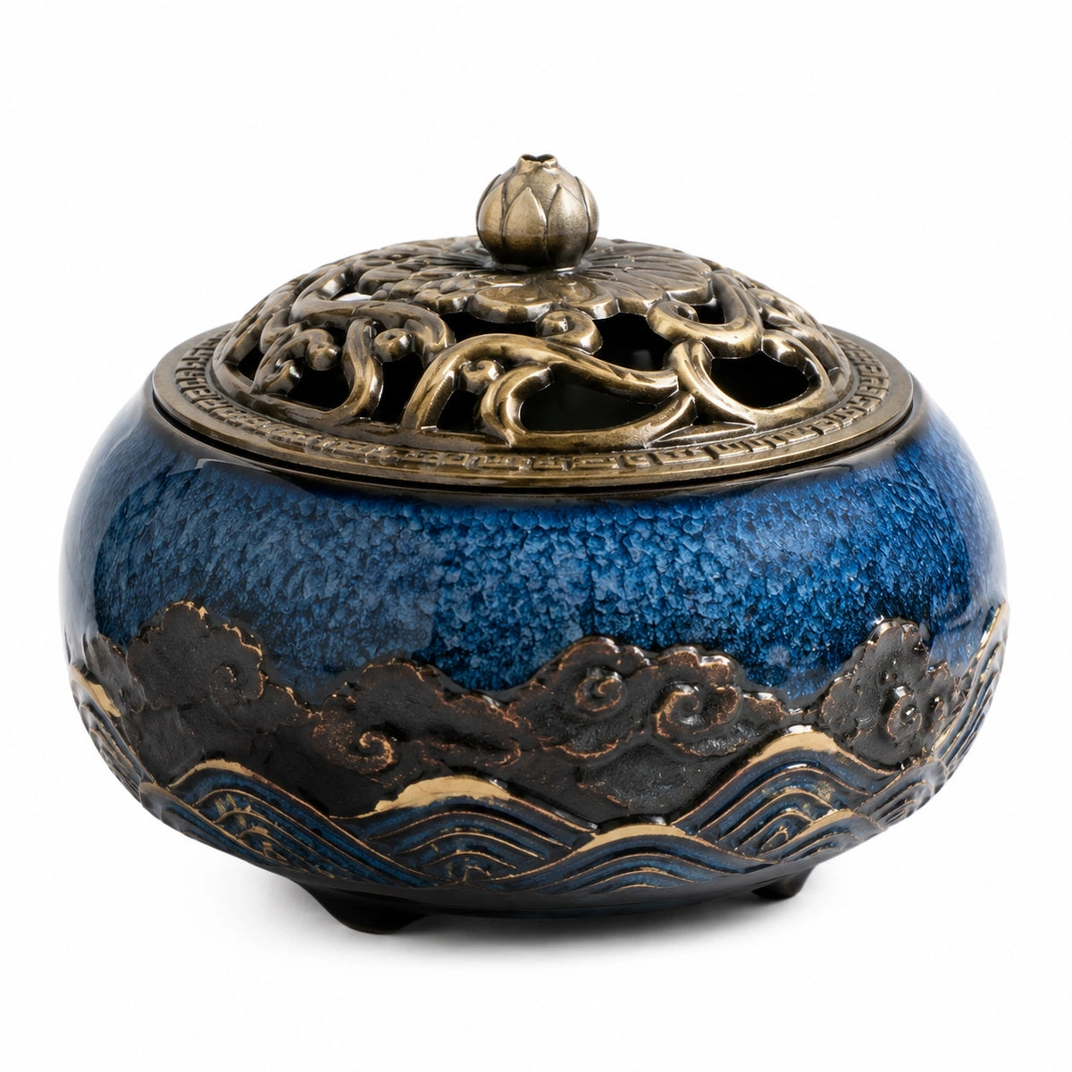 Brûle-encens rond 16 cm en céramique bleu bronze ajouré décoratif