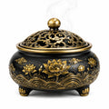 Brûle-encens 18 cm en métal noir doré avec couvercle ajouré floral