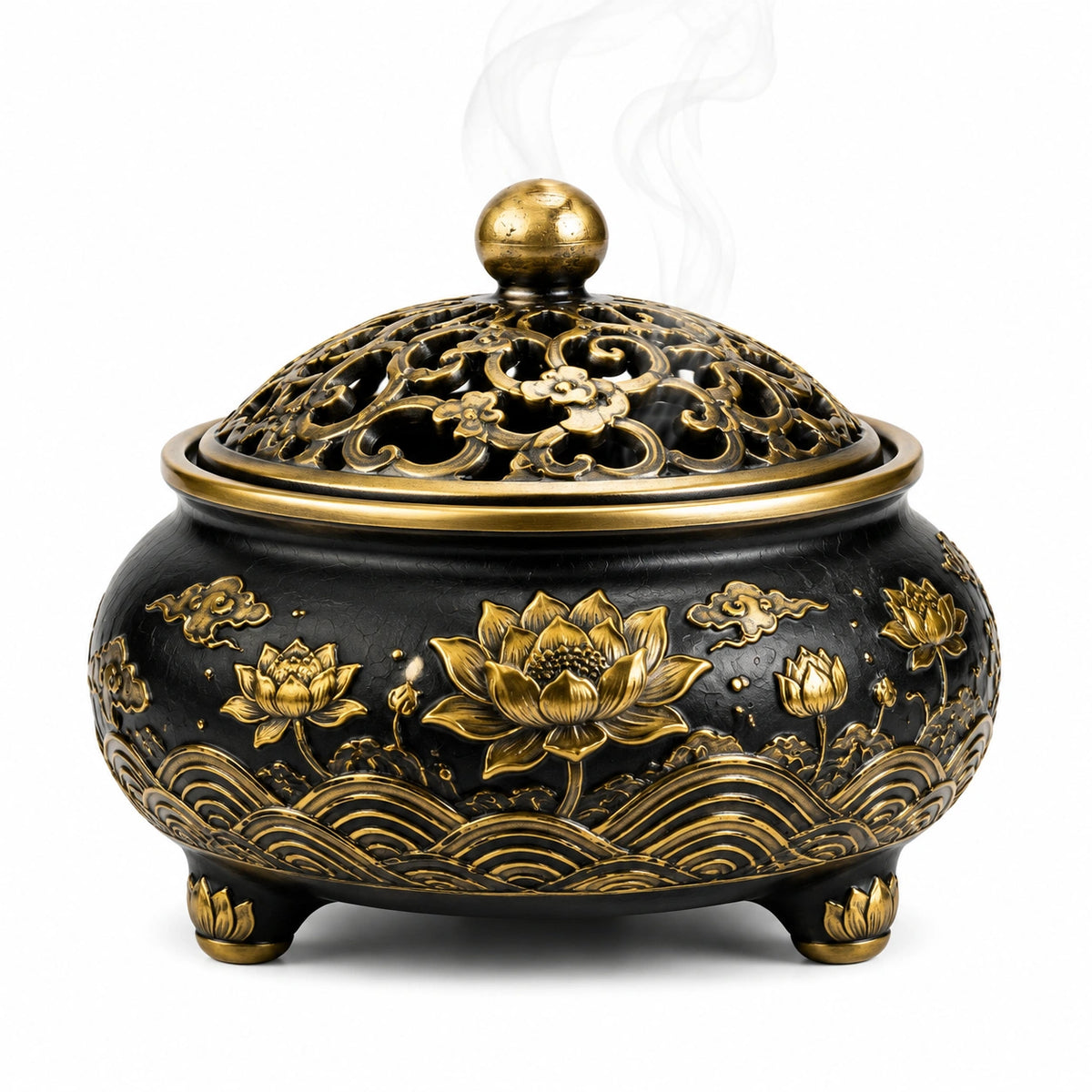 Brûle-encens 18 cm en métal noir doré avec couvercle ajouré floral
