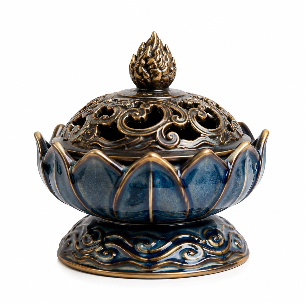 Brûle-encens en céramique bleu et bronze diamètre 15 cm hauteur 20 cm ajouré décoratif