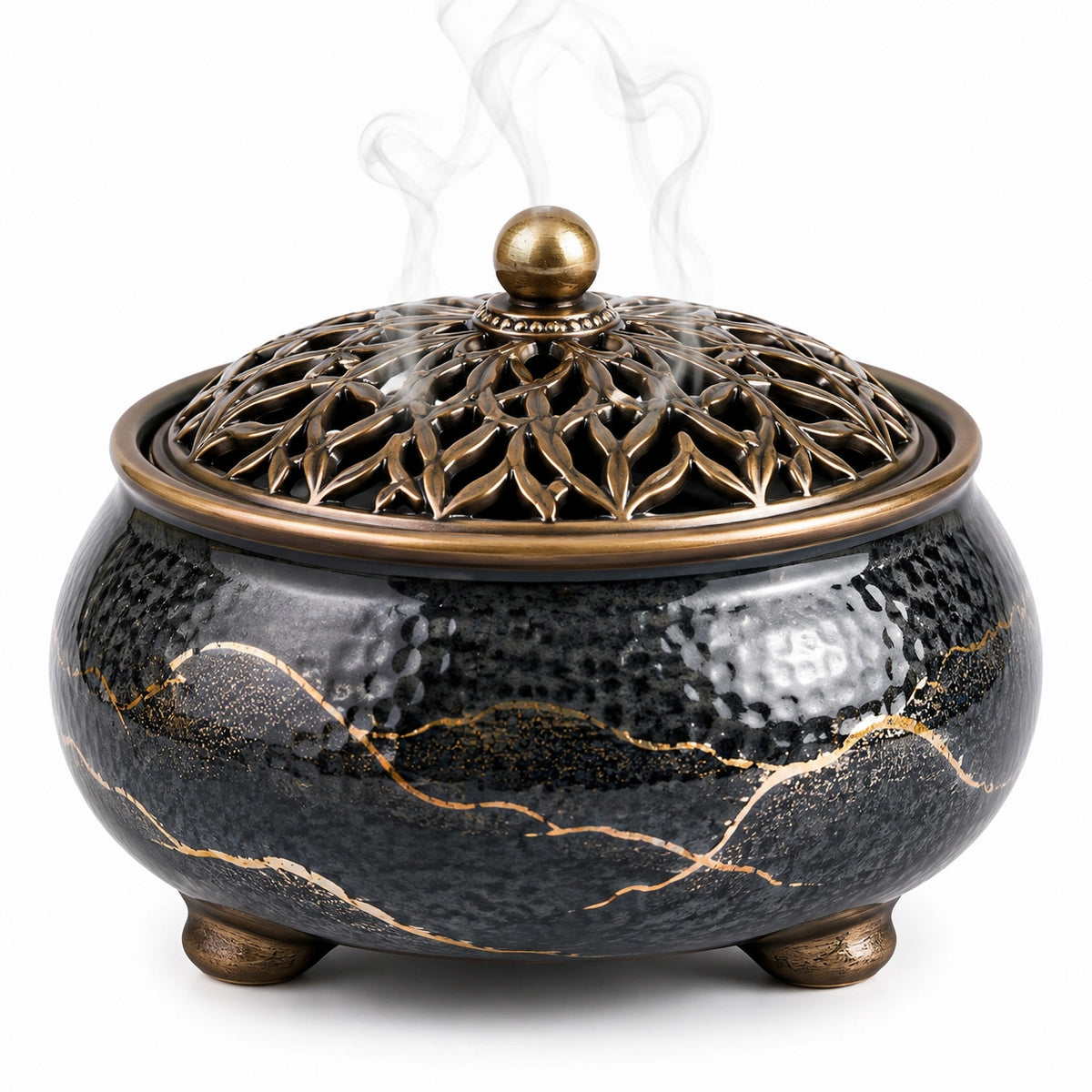 Brûle-parfum rond 18 cm en céramique noir et doré avec couvercle ajouré décoratif