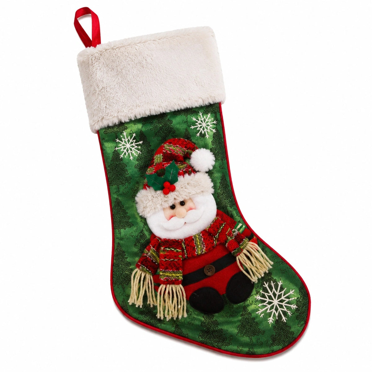 Chaussette de Noël 45 cm en textile vert rouge avec Père Noël à suspendre