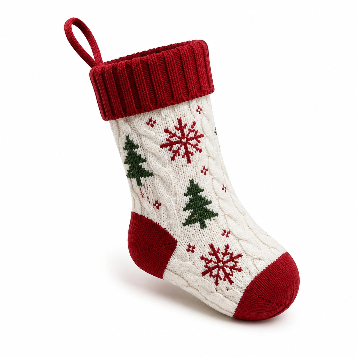 Chaussette de Noël 45 cm en textile tricoté blanc rouge vert à suspendre style traditionnel