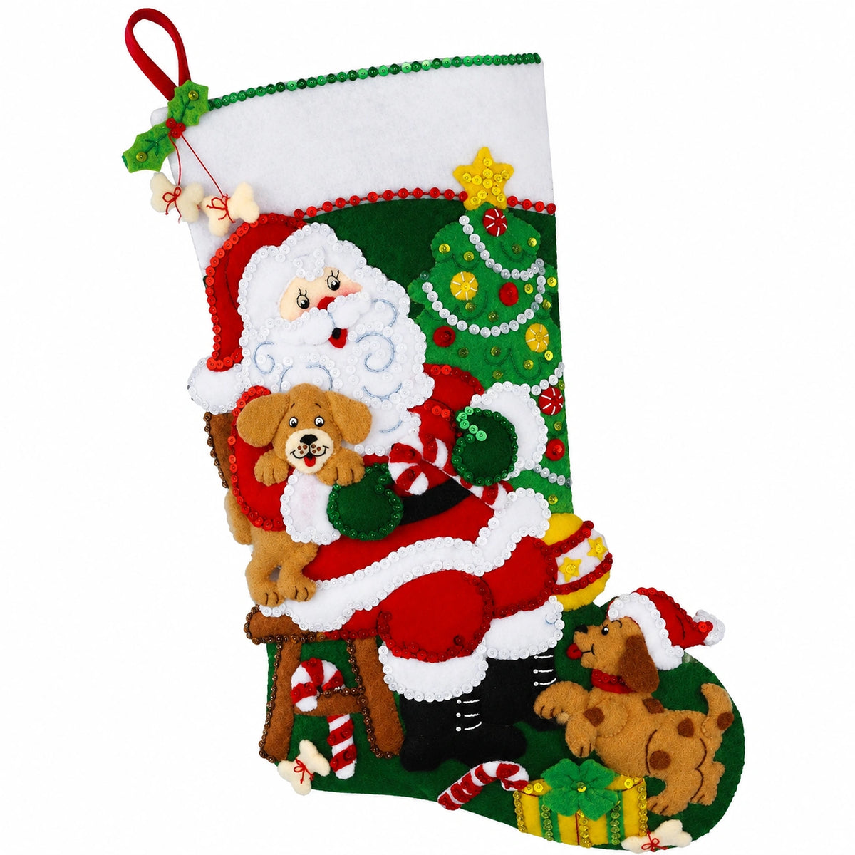 Chaussette de Noël 46 x 31 cm en feutre rouge vert blanc à suspendre décorative