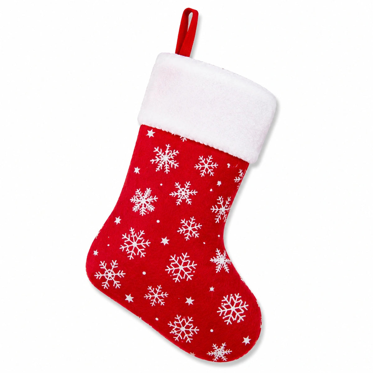 Chaussette de Noël 45 cm en textile rouge et blanc à suspendre motif flocons