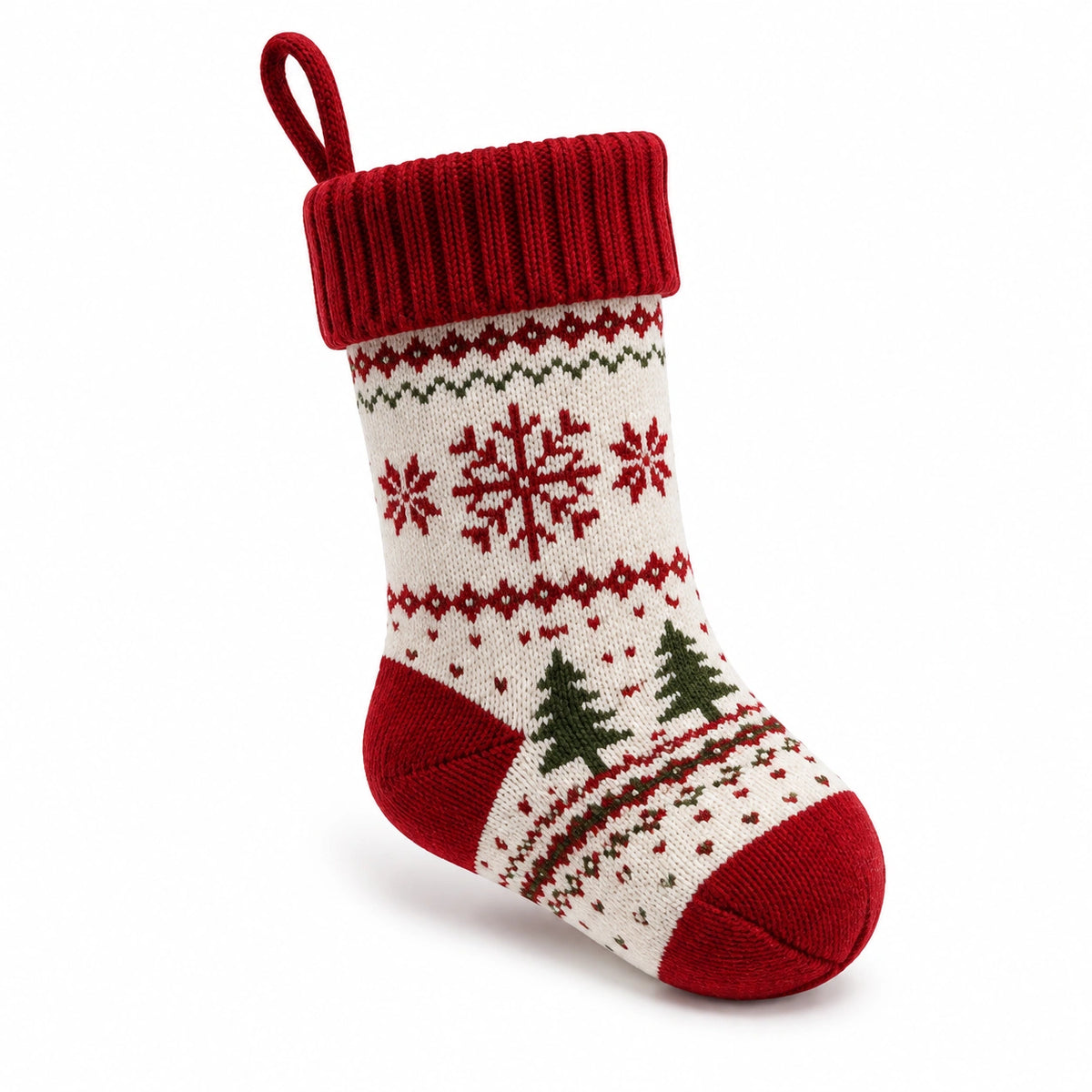 Chaussette décorative 30 cm en textile tricoté rouge crème vert à suspendre