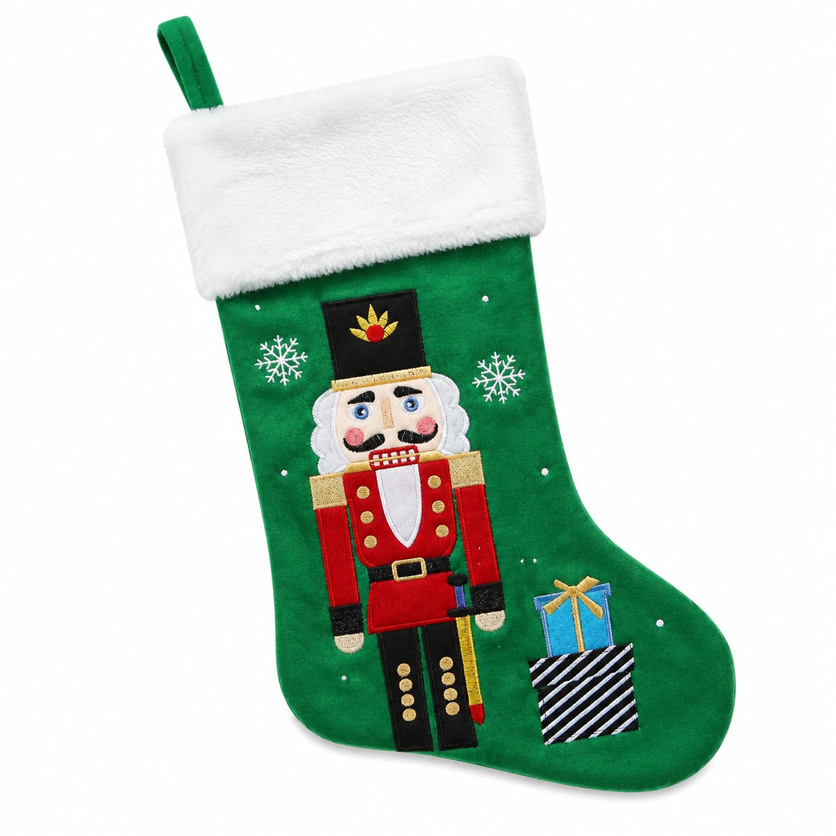 Chaussette de Noël 46 cm en textile vert motif casse-noisette à suspendre