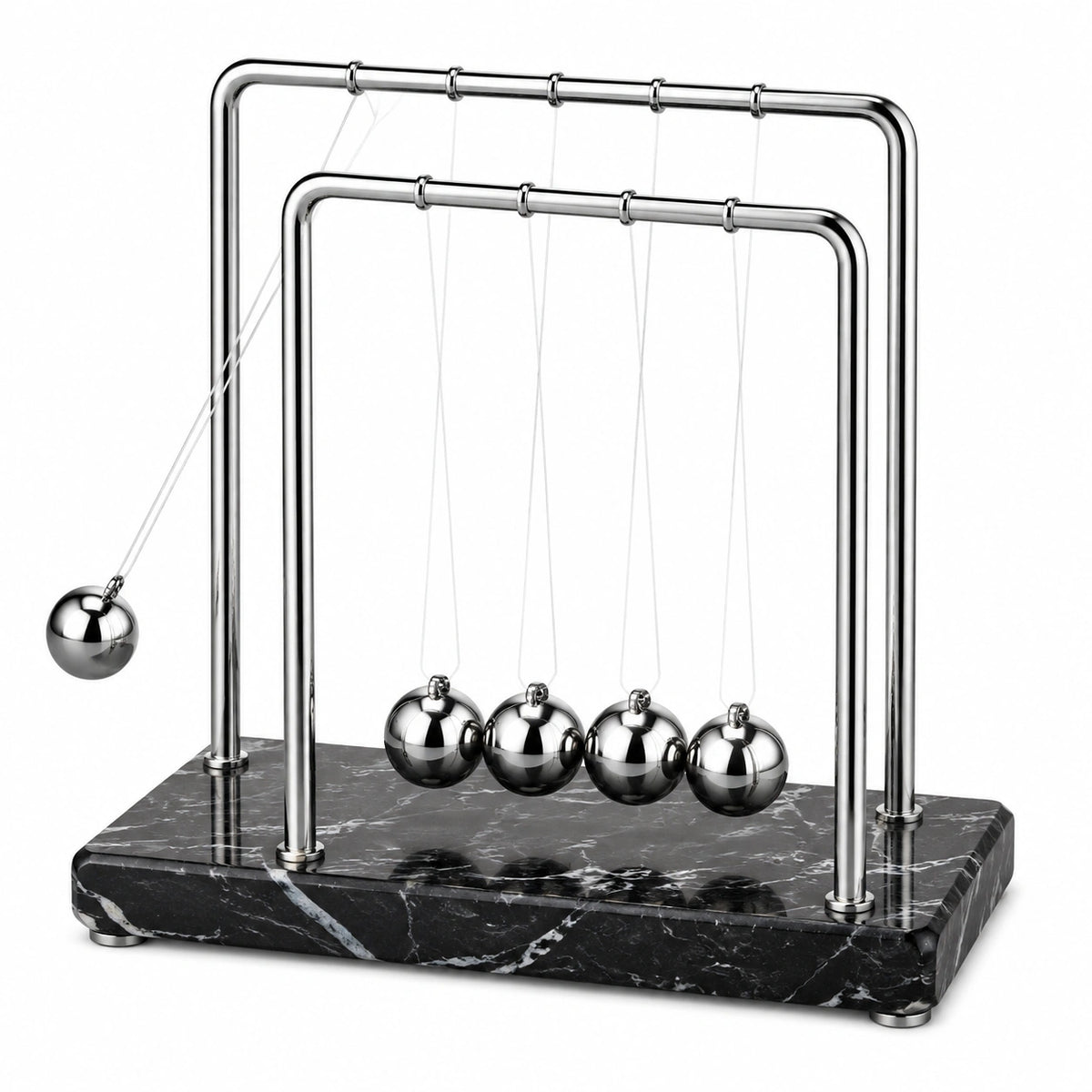 Pendule de Newton 35 cm en métal argenté avec socle noir décoratif