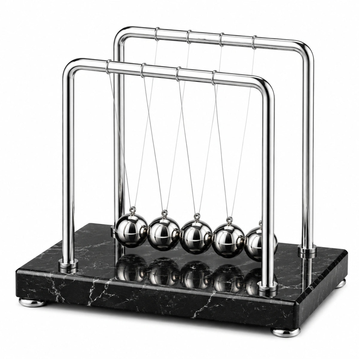 Pendule de Newton 25 x 18 x 20 cm en métal argenté et base effet marbre noir - décoration de bureau éducative