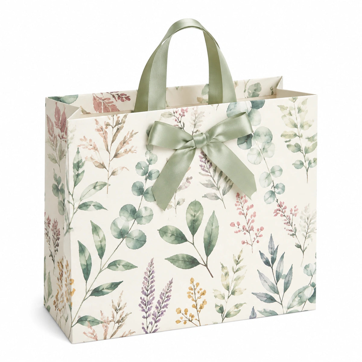 Sac cadeau 32 x 12 x 26 cm en papier blanc motif botanique avec anses ruban