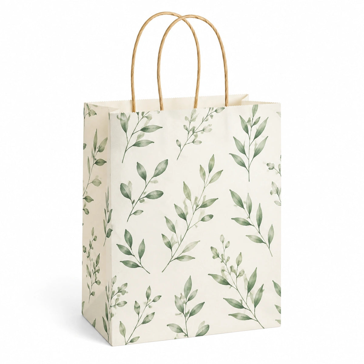 Sac cadeau en papier 26 x 12 x 32 cm crème vert motif végétal avec anses torsadées