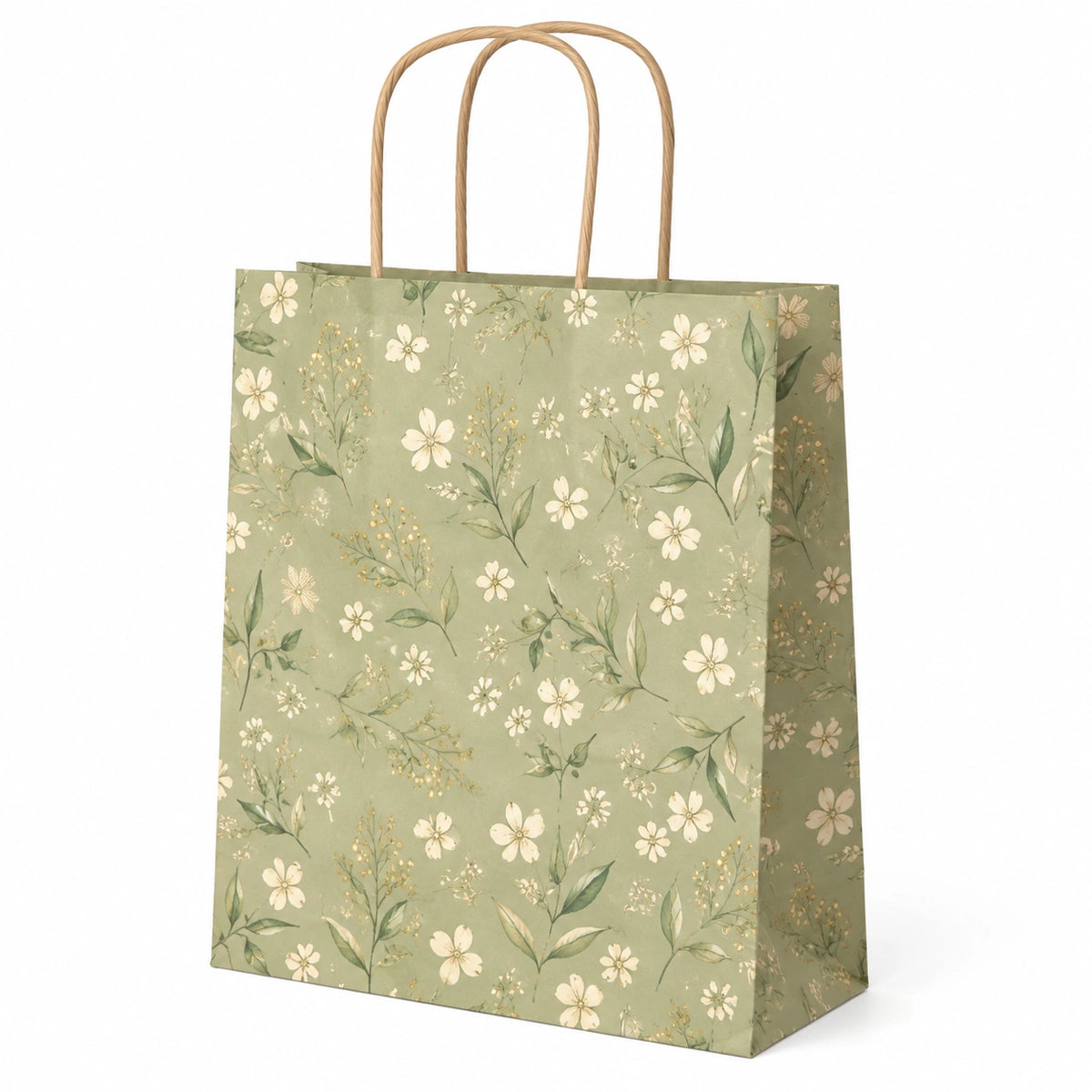 Sac cadeau 32 x 12 x 26 cm en papier vert à motif floral avec anses torsadées