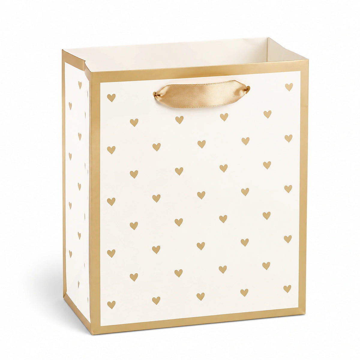 Sac cadeau 26 x 12 x 32 cm en papier blanc et doré à motifs cœurs avec poignées ruban