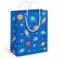 Sac cadeau 26 x 12 x 32 cm en papier bleu motif espace avec anses en corde