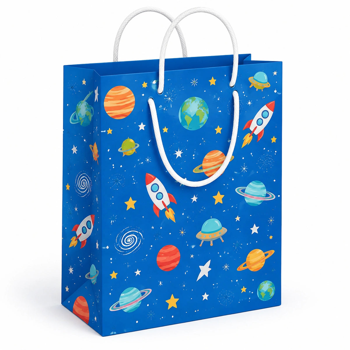 Sac cadeau 26 x 12 x 32 cm en papier bleu motif espace avec anses en corde